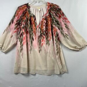 Fig and Flower Blouse Womens 3X Beige Pink Green Abstract Flowy Chiffon